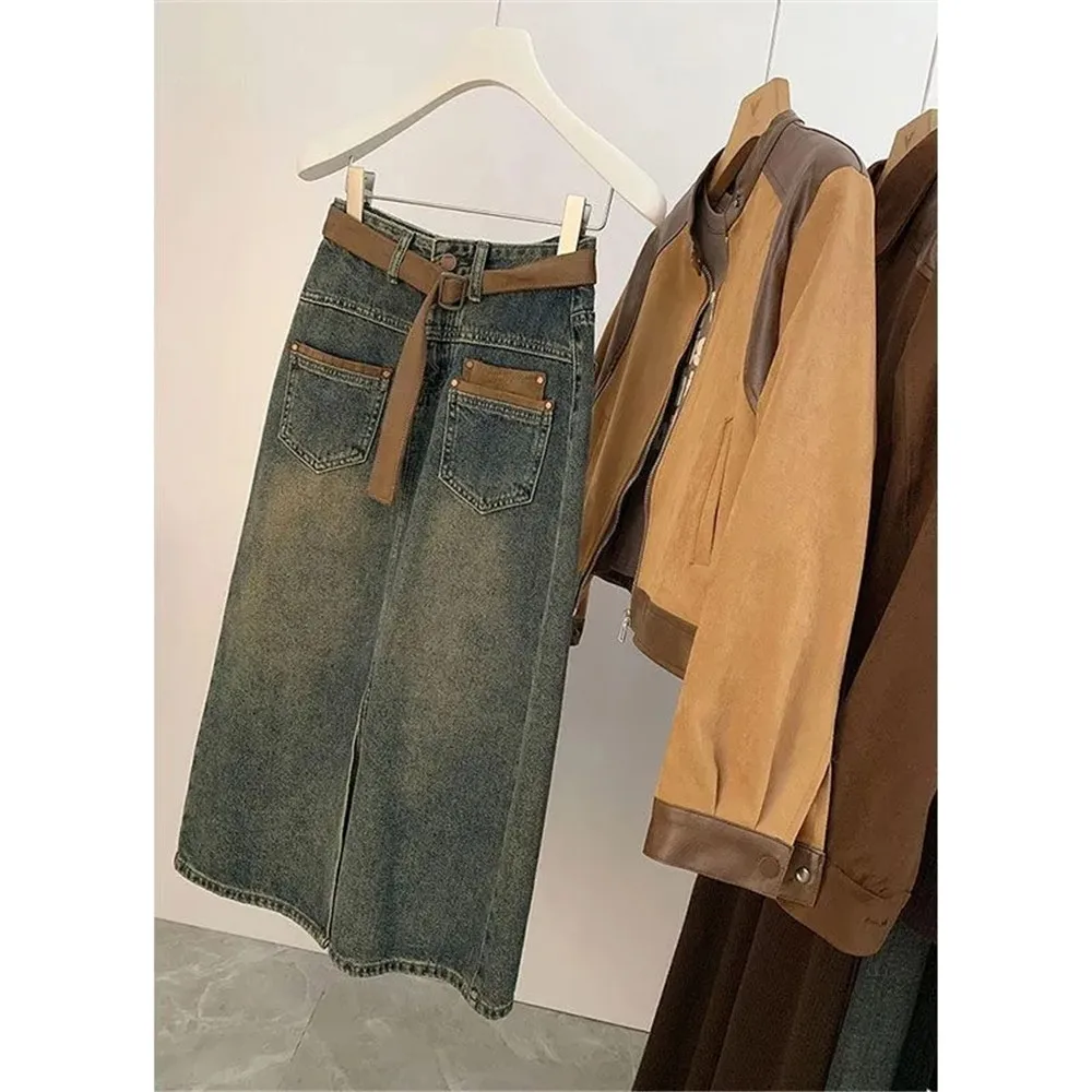 Koreaanse Jeans Lange Rok Met Riem Damesmode Met Riem Met Hoge Taille Rechte Demin Rok All-Match Zakken Midi Faldas
