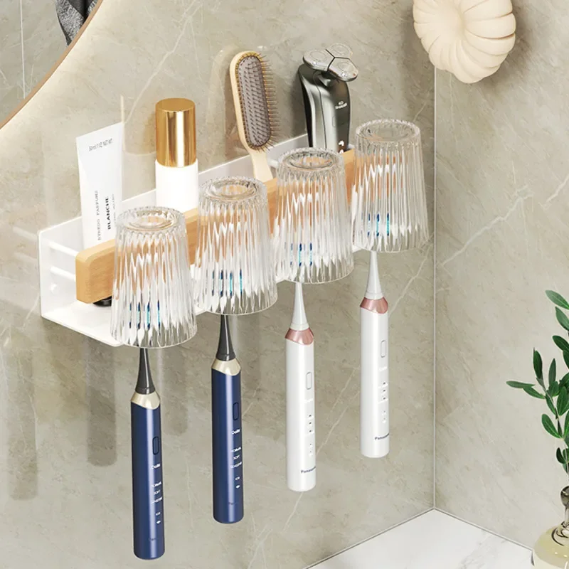 Natural Wood Toothbrush Holder Inverted Drainage Rack Compartmentalized Organizer Anti-Fall High Guardrail Bathroom