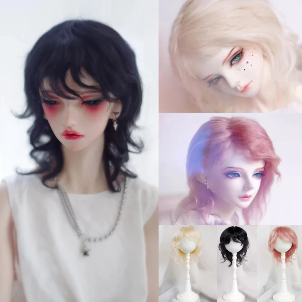 D09-P388 Handmade Toy  1/6 1/4 1/3 MSD Bjd Doll Wig Black Pink Gold Medium Length Casual Short Curly Hair 1pcs