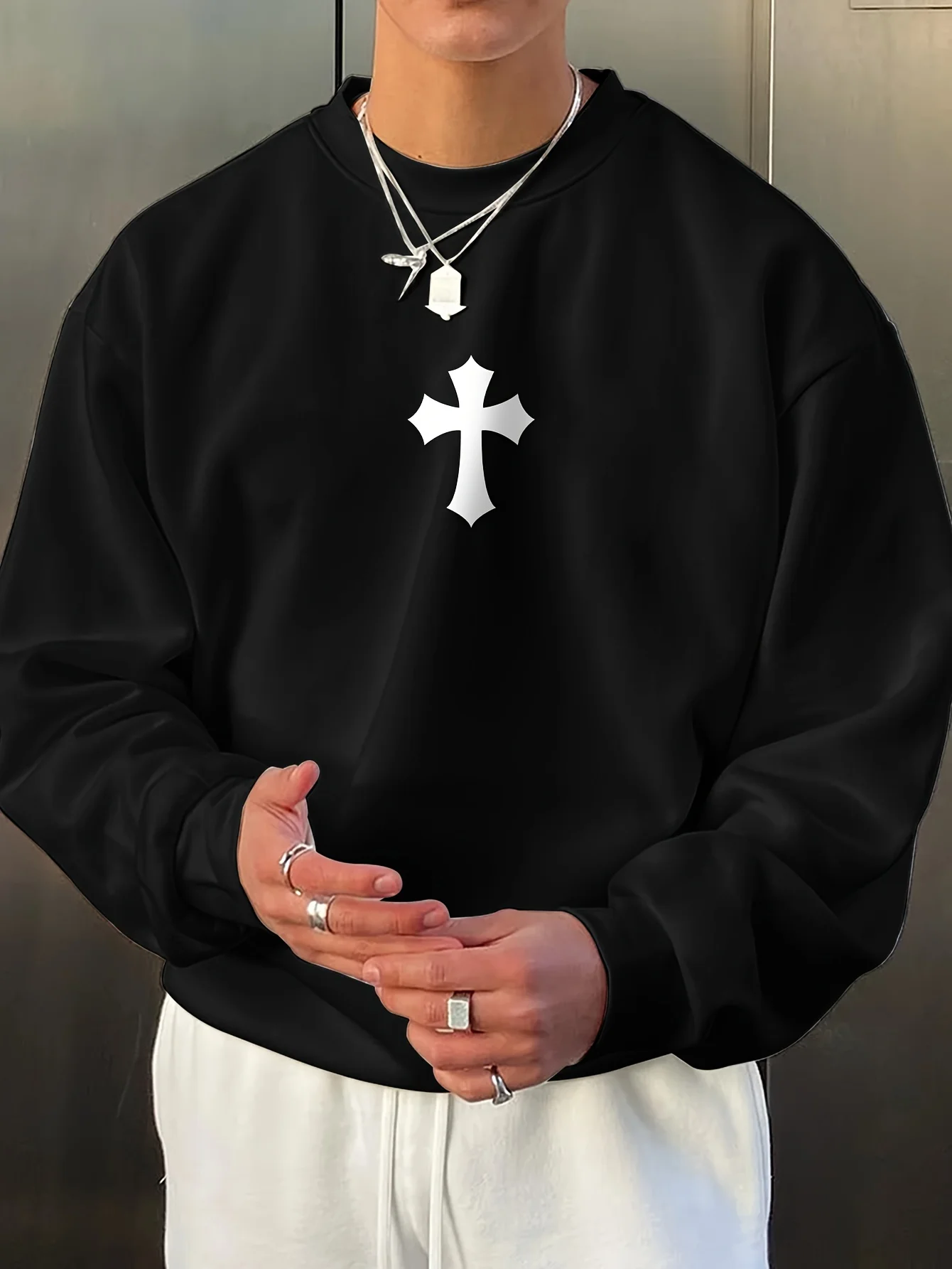 بلوفر متوسط متقاطع، بلوفر رجالي عصري، سويت شيرت مريح، ملابس هيب هوب للخريف والشتاء #1