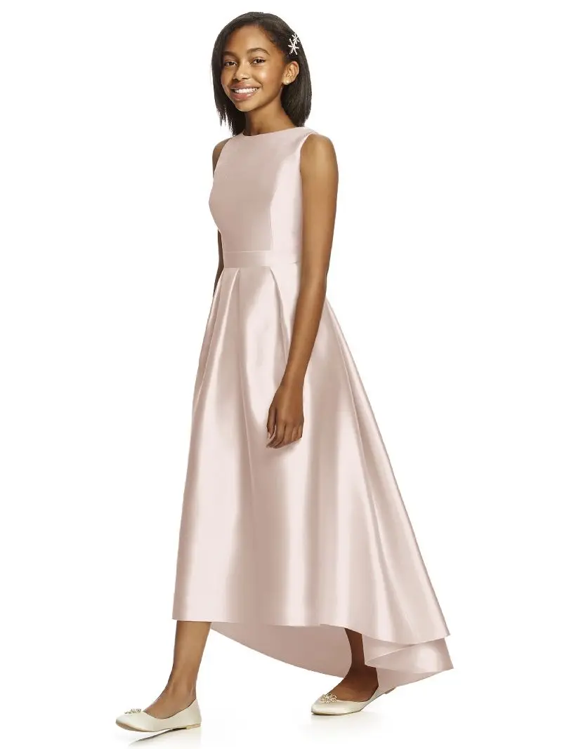 

Elegant Cheap Junior Bridesmaid High Low Scoop Floor Length Satin Long Wedding Party Dresses