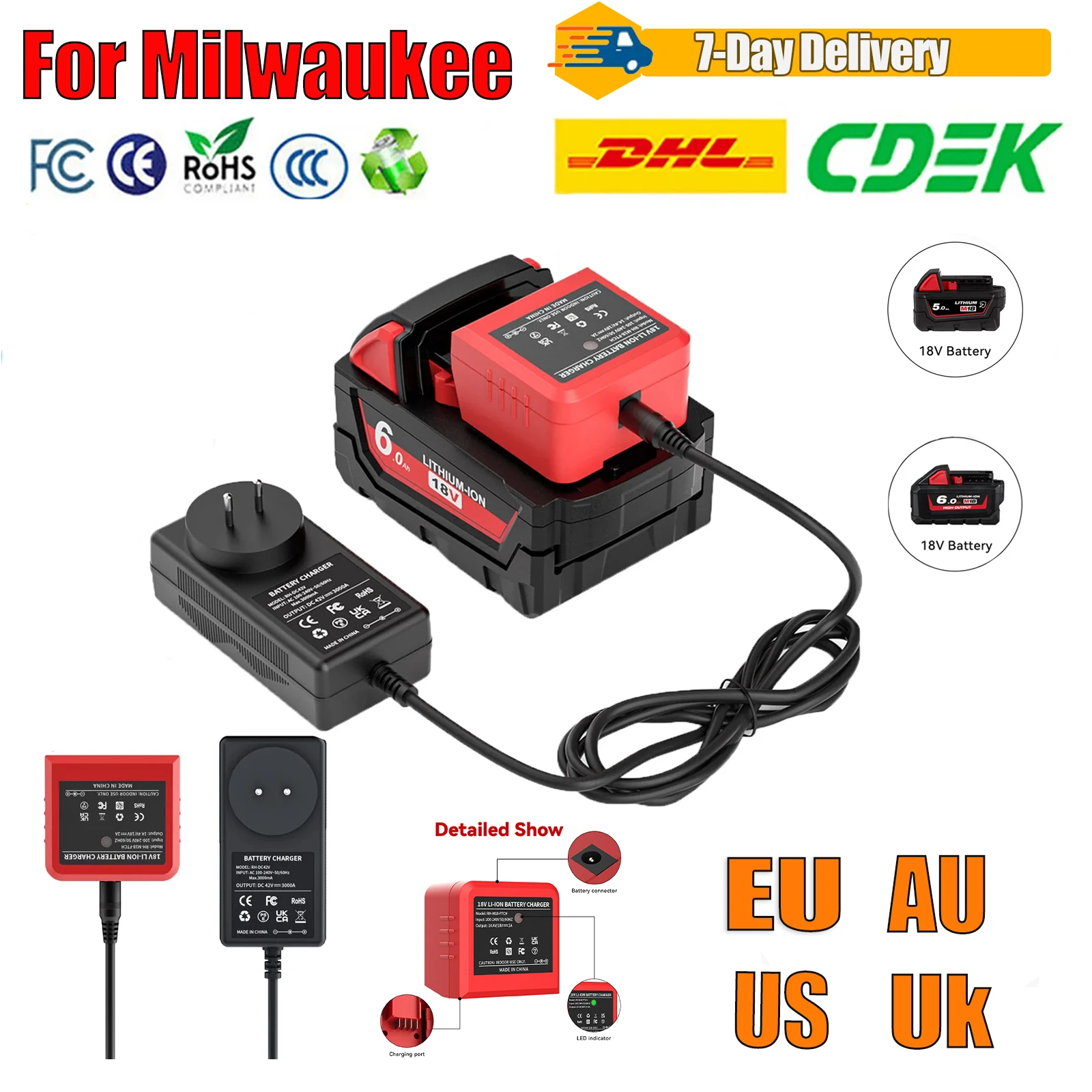 New For Milwaukee 18v Battery Charger M18B5 xc Lithium lON Battery 6.0Ah 48-11-1815 48-11-1850 2604-22 2604-202708-22 2607-22