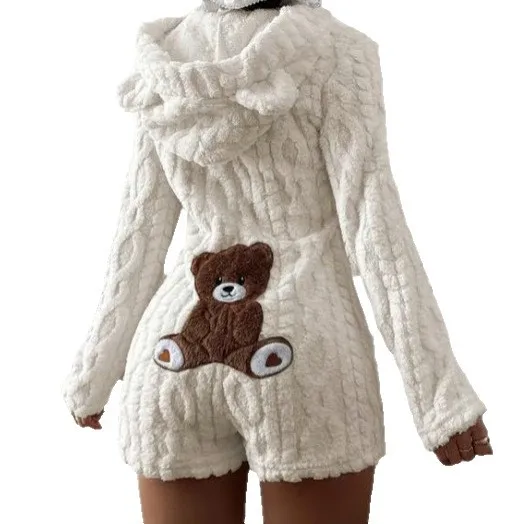Women Fuzzy Fleece Hooded Romper Long Sleeve Bear Patch Plush Short Jumpsuit Warm Loungewear Pajama Onesie for Women 5