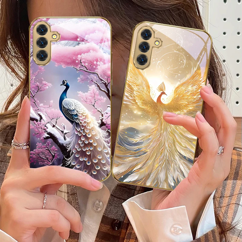 حافظة لهاتف سامسونج جالاكسي S20 FE S21 S22 S23 Plus S24 Ultra 25Ultra S21+ S9+ S22Plus حافظة هاتف زجاجية ذهبية محظوظة