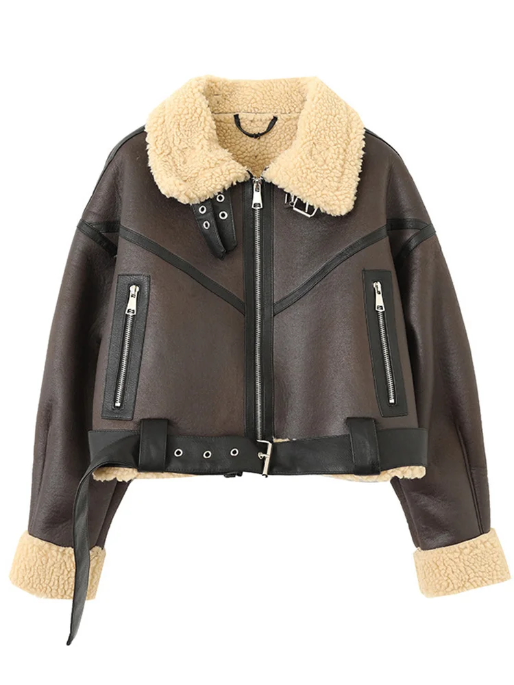 FMFSSOM New Winter Faux Lamb Fur Leather Jacket with Belt Casual Motorcycle Outwear Women High Street Lapel Zipper Short Coat