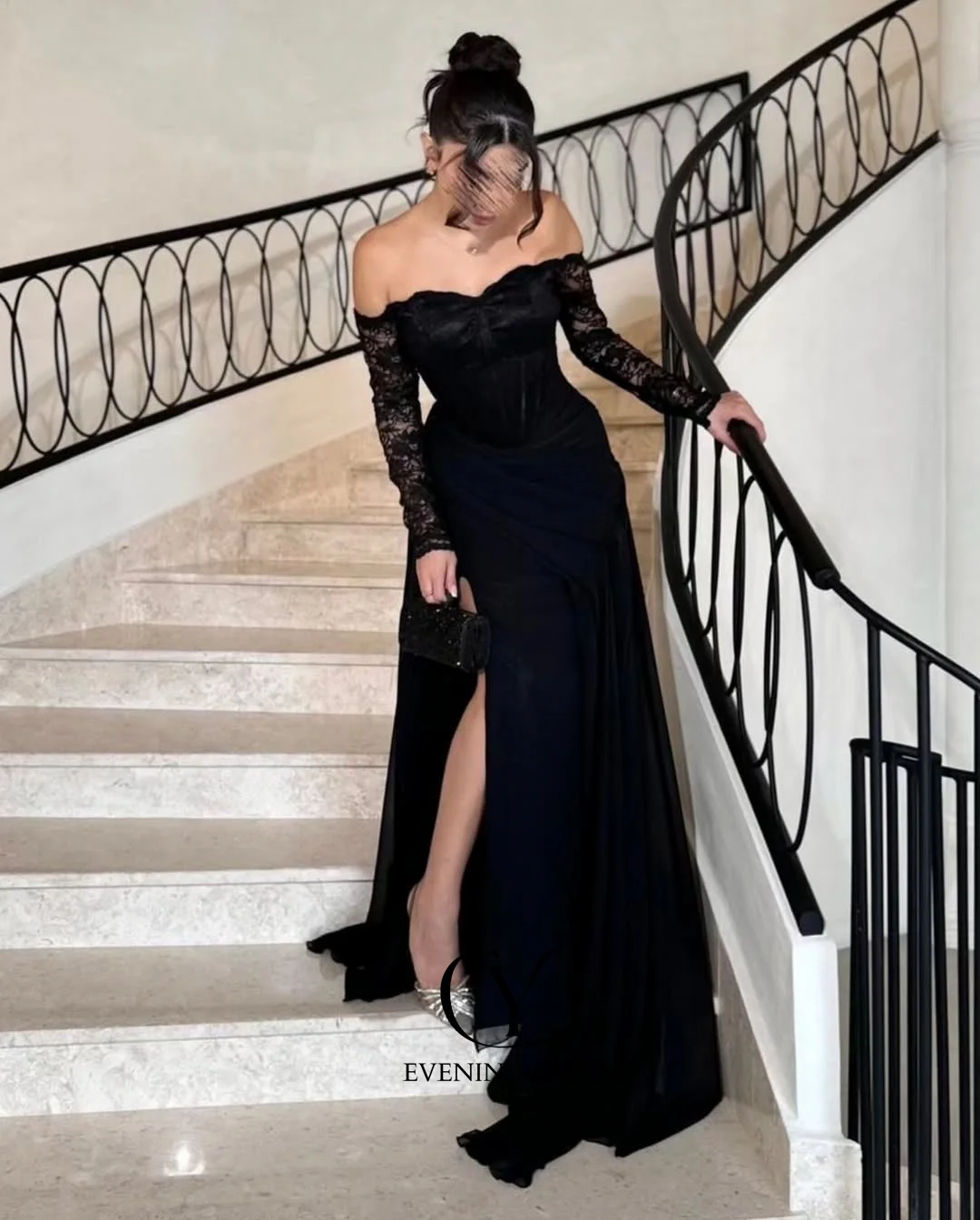 CUYUN 3/4 الدانتيل الأكمام ثوب مسائي مع شق فساتين المناسبات الرسمية السعودية مخصصة الكويت دبي فستان حفلات طويل فساتين مأدبة #3