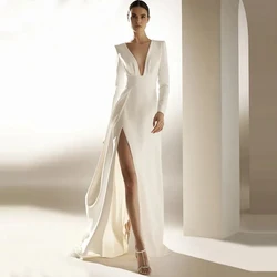 Gorgeous Deep V-Neck Long Sleeves Wedding Dress Classic Jersey A-Line Floor Length Side Slit Bridal Civil Gowns with Sweep Train