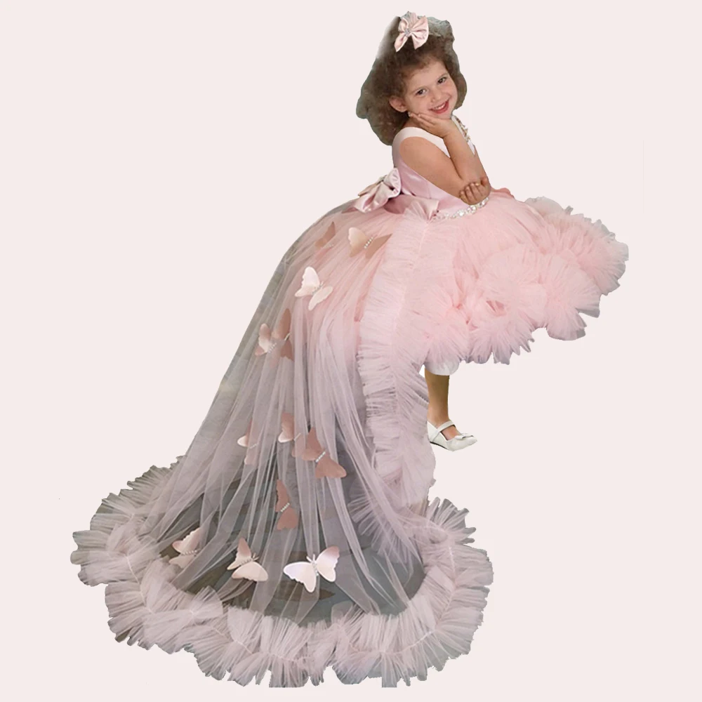 

Toddlers Pageant Dresses Pink Detachable Train Princess Flower Girl Dress 3D Applique Kids First Communion Birthday Party Gowns