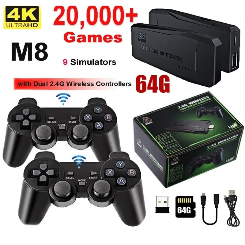 Shop1105233629 Store All-in-One M8 HDMI HDTV Spielekonsole-Set, mit 2 stabilen 2,4G Wireless-Gamecontrollern, 64G Speicherkarte mit über 20.000 Retro-