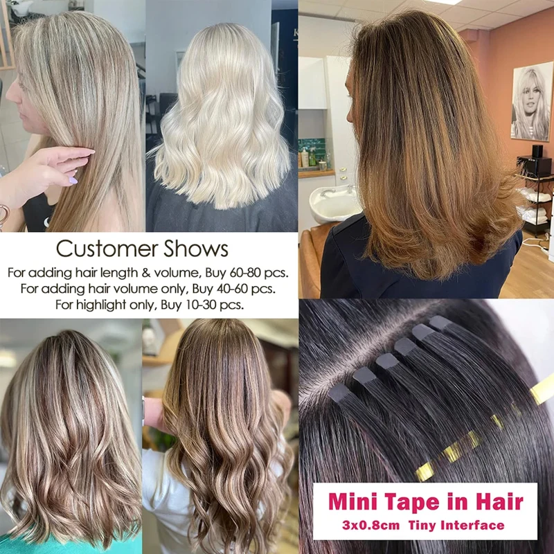 Shinehair Mini Tape Human Hair Extensions Об’ємне плетіння волосся 100% необроблене # 613 Світле незаймане волосся без качка, пряме