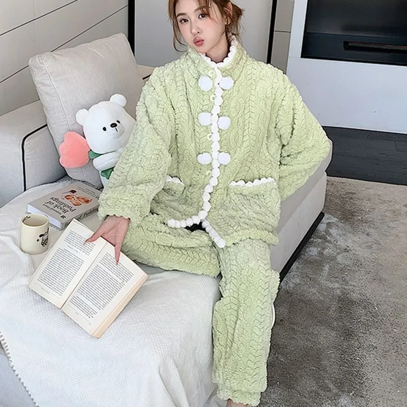 Winter Women Flannel Confinement Clothing Thickened Warm Nursing Pajamas Female Coral Velvet Nightclothes Suit Casual Homewear