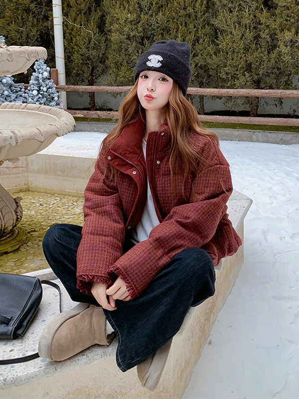 레드 태슬 오르트 티엔드 두 다운 자에 여성 패션 슬레 겨울 아우터웨어 따뜻한 출퇴근용 한국식 루즈핏