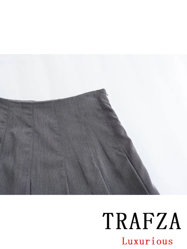 TRAFZA Casual Vintage Chic Women Mini Skirt Solid Zipper Straight Folds Skirt New Fashion 2024 Spring Summer Holiday Skirt