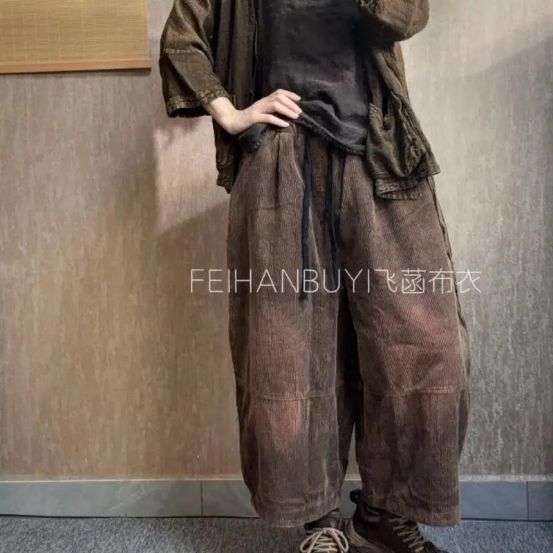 خريف جديد الفنون نمط المرأة مرونة الخصر فضفاضة عادية الكاحل طول السراويل عالية الجودة القطن سروال قصير خمر سراويلي حريمي FH99