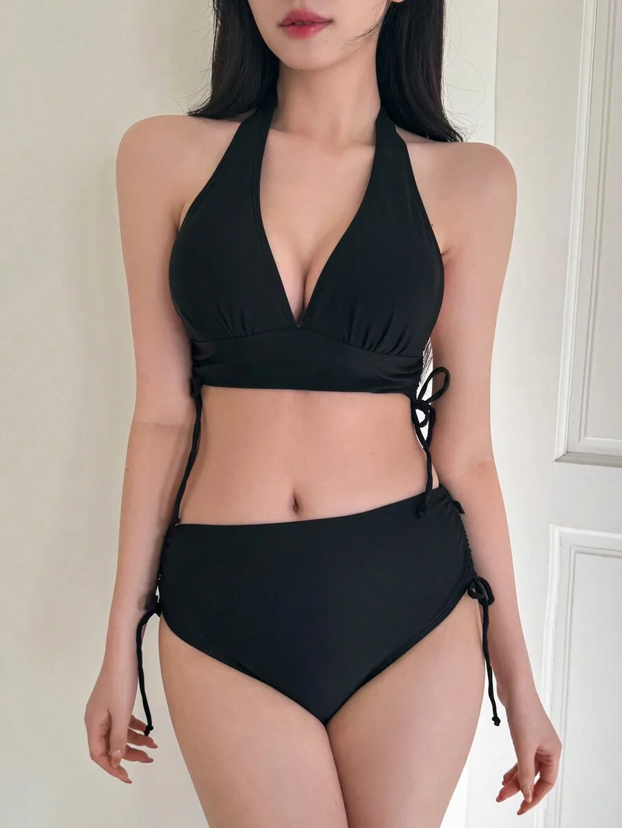

Women Solid Color Halter Neck Bikini Set Beach Vacation Swimsuit