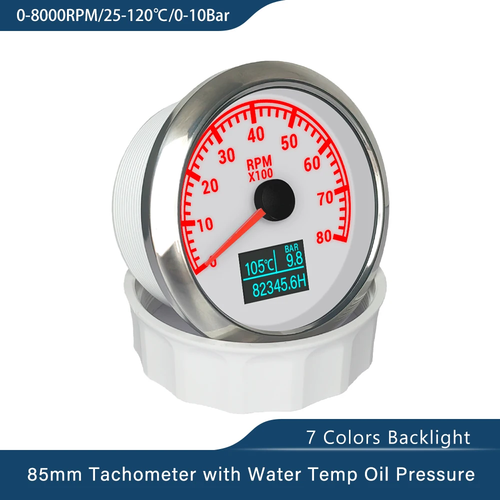 

New Universal 85mm 3 in 1 Tachometer 3k 4k 6k 7k 8k RPM with Oil Pressure Hours Water Temp Meter 7 Colors Backlight For Car Boat