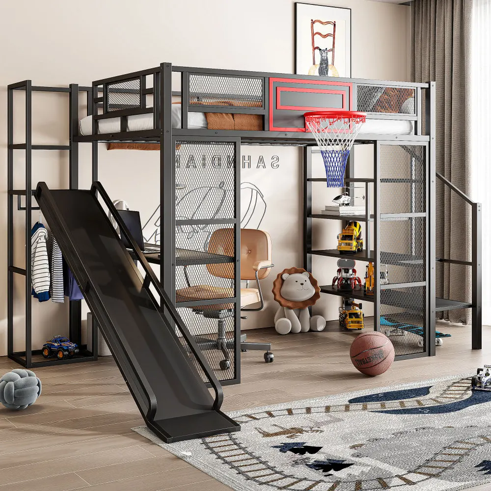 Bunk Bed for Kids Full Size Metal Loft Bed with Built-in Desk, Open Wardrobe, Basketball Hoop, Slide and Staircase, Loft Beds