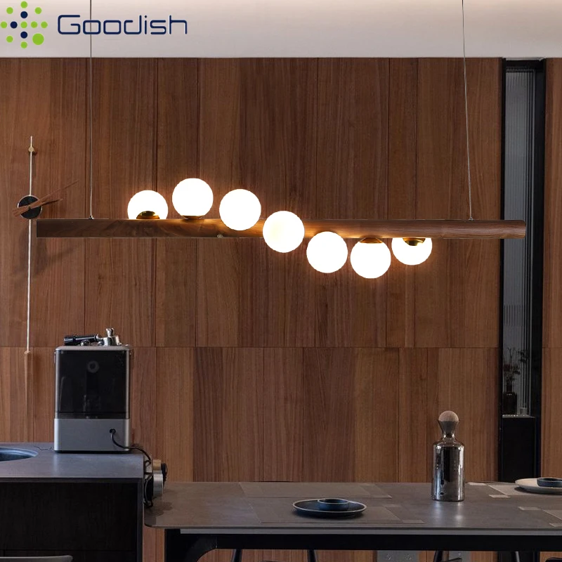 Medieval Bauhaus Wooden Strip Bubble Glass Creative LED Pendant Lights Fashion Lamps for Living Room Home Decoration Chandelier