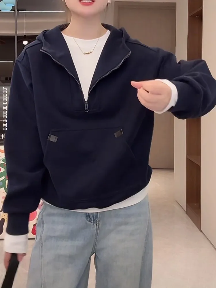 

Женская повседневная толстовка на молнии, новинка весна-осень, свободный крой, корейский стиль, круглый вырез, длинный рукав, полиэстер, хлопок