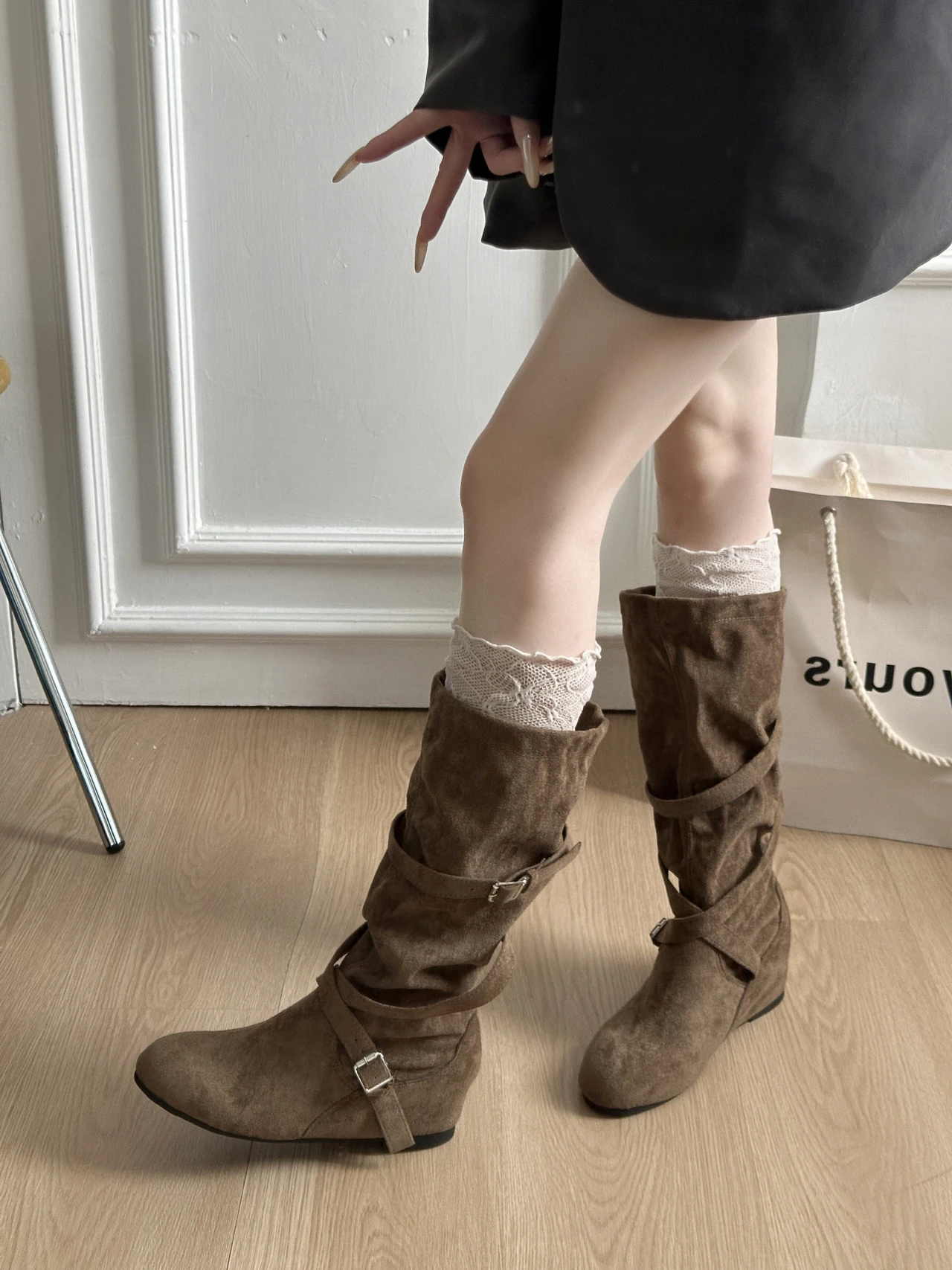 

Korean Sle High Tube Western Cowboy Boots Women's Faion Boots Inner Heightening 5cm Autumn Winter New Long Tube Boots