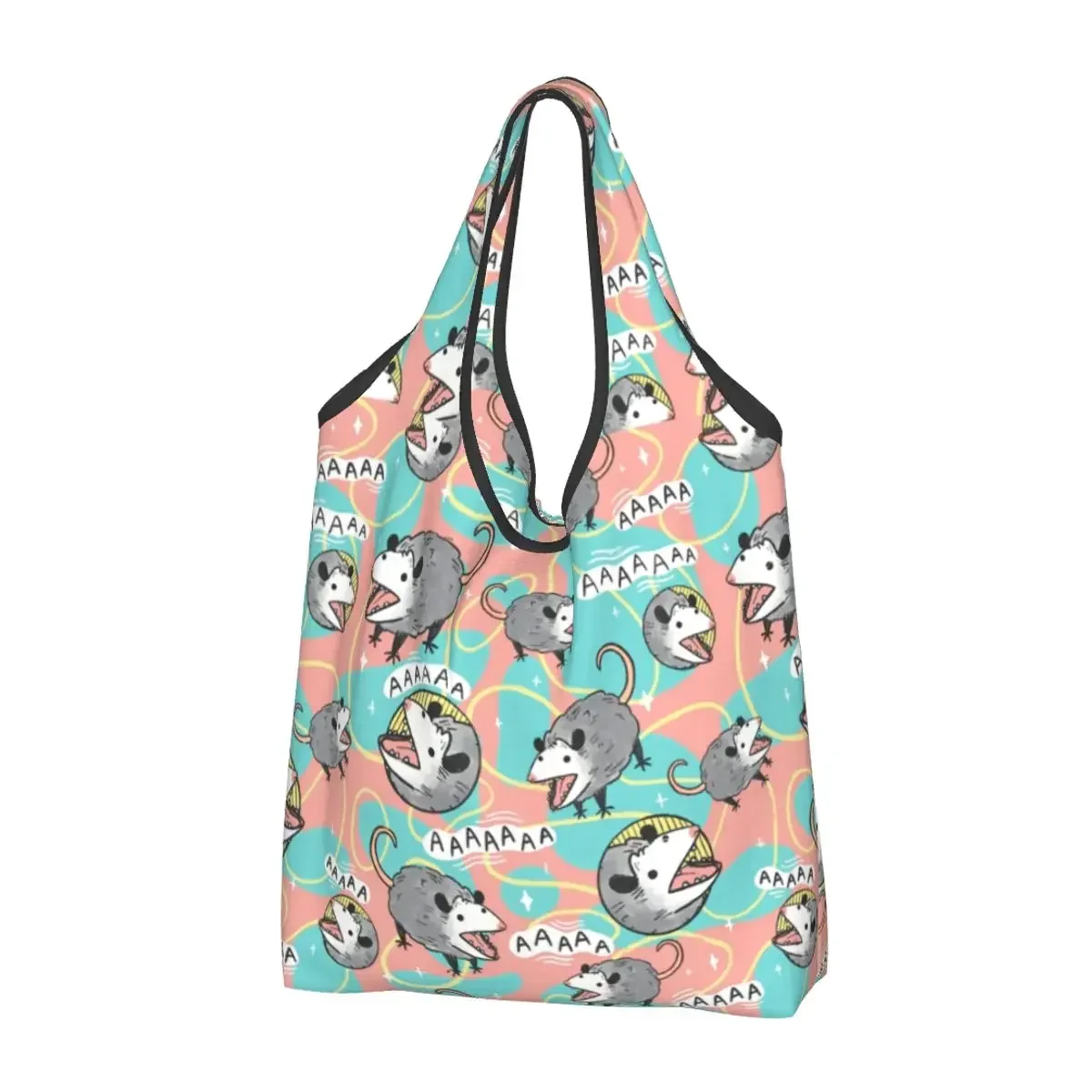 

Reusable Opossum Screm Pattern Grocery Bags Foldable Machine Washable Possum Shopping Bag Large Eco Storage Bag Attached Pouch