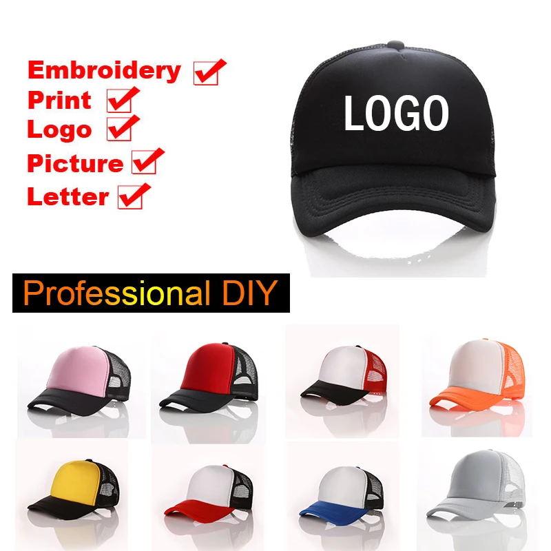 1PCS Free Custom LOGO Text Design Personality DIY Trucker Hat AD Baseball Cap Men Women Blank Mesh Adjustable Gorras