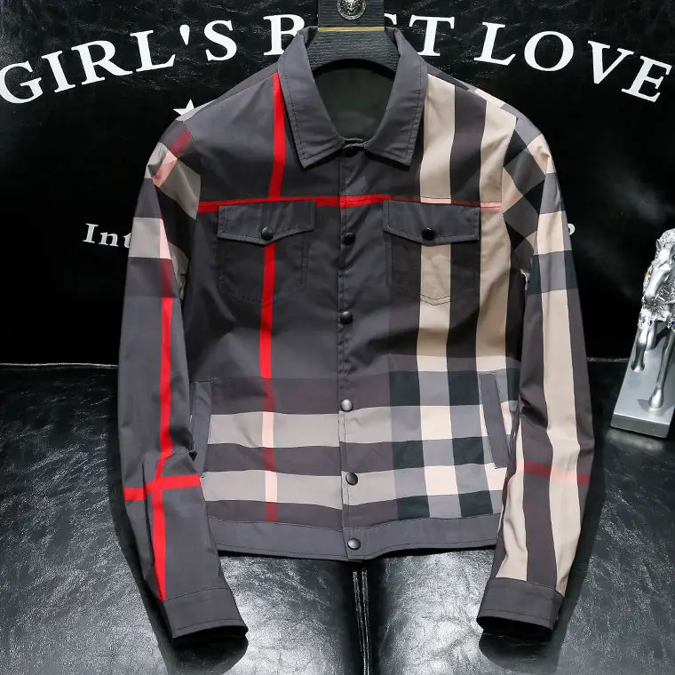 Men\'s plaid coat in the spring and autumn wear thin trend printing lapels Joker tooling casual.