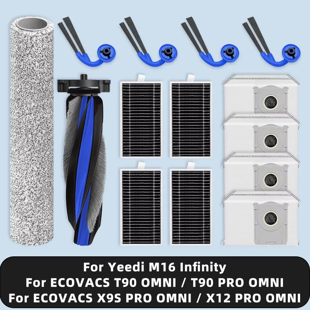 Совместимые с ( ECOVACS T90 OMNI / T90 PRO OMNI / X9S PRO OMNI / X12 PRO OMNI / Yeedi M16 Infinity ) аксессуары: основная и боковые щетки, ролик, насадка для влажной уборки, мешок для сбора пыли, фильтр