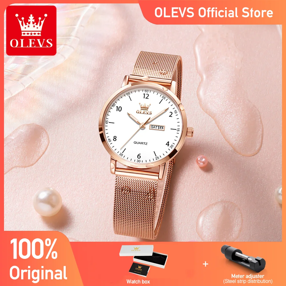 Reloj OLEVS 2996 Elegance para mujer, movimiento de cuarzo original, resistente al agua, luminoso, correa de malla, esfera grande, reloj original para mujer.