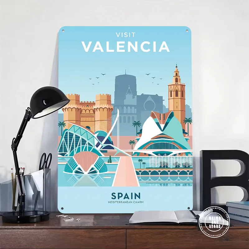 Visit Valencia Travel Poster Retro 3D Printed Metal Signs Customized Wall Hanging Gift for Office Decor Room Tin Sign Wand Deko
