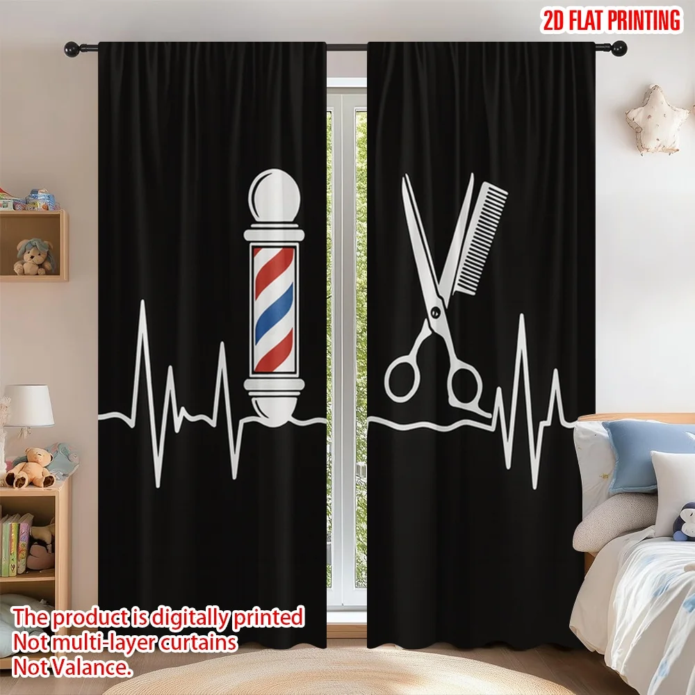 Barber Hairdresser Heartbeat and Scissor Art Pattern Two-Panel Rod Pocket Window Curtains Professional Home Decor