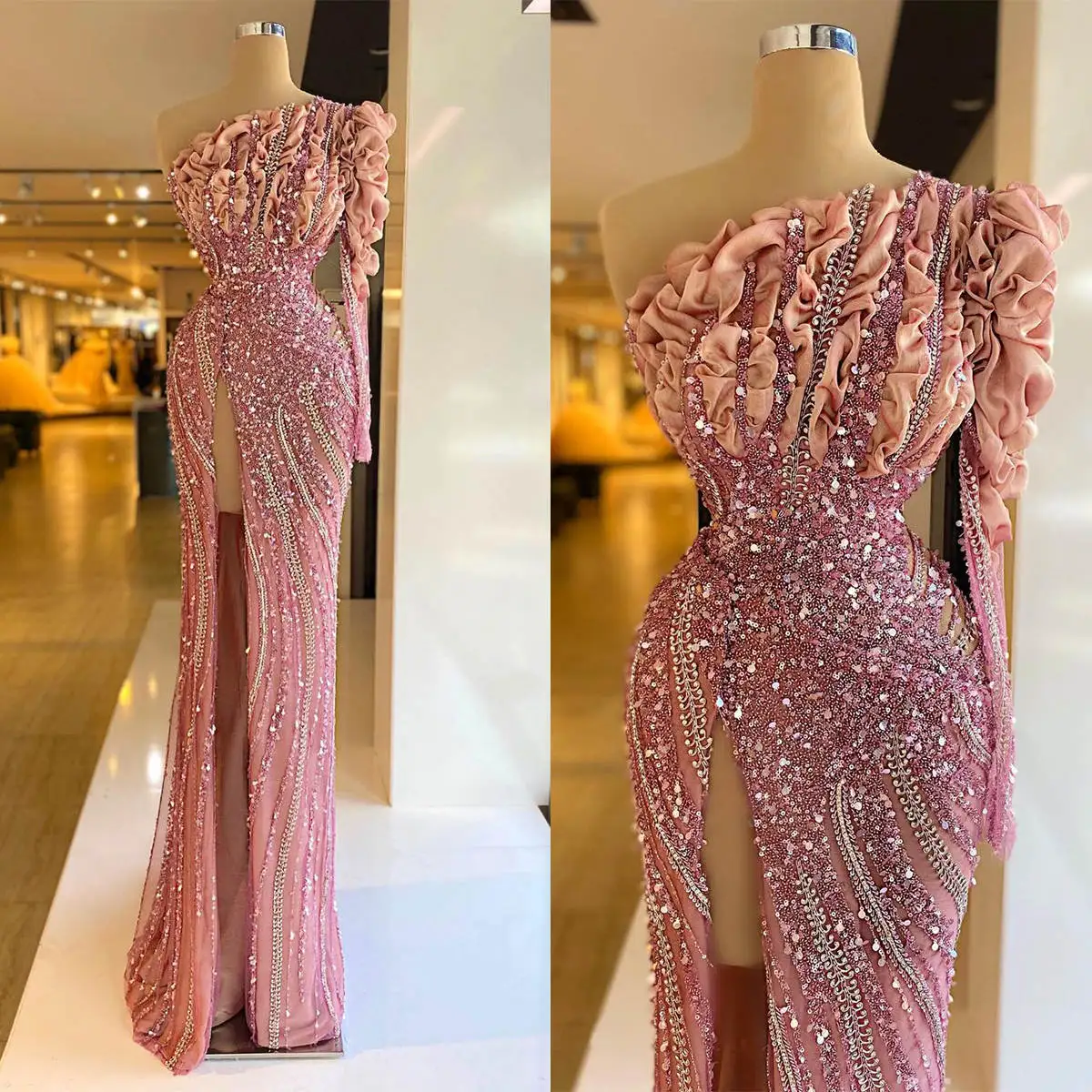 Pink Mermaid Evening Dresses Sequins One Sleeve Lace Ruffles Designer Prom Gowns Custom Made Side Split Formal Special Occasion