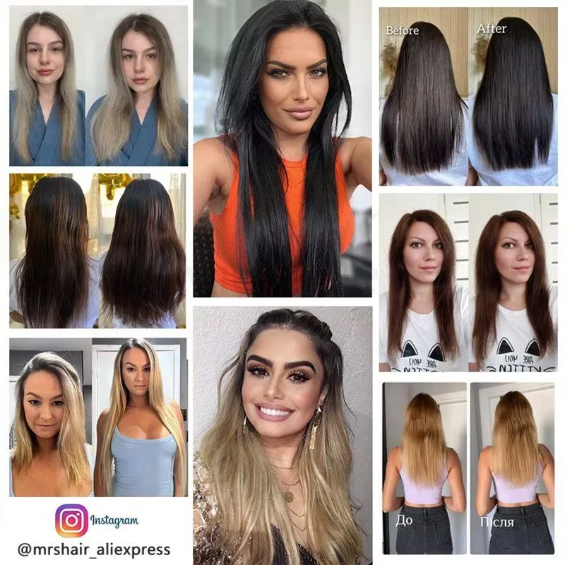 MRSHAIR Clip nelle estensioni dei capelli umani Linea invisibile del filo di pesce 4 clip Estensioni dei capelli naturali reali 12-24 pollici per donna