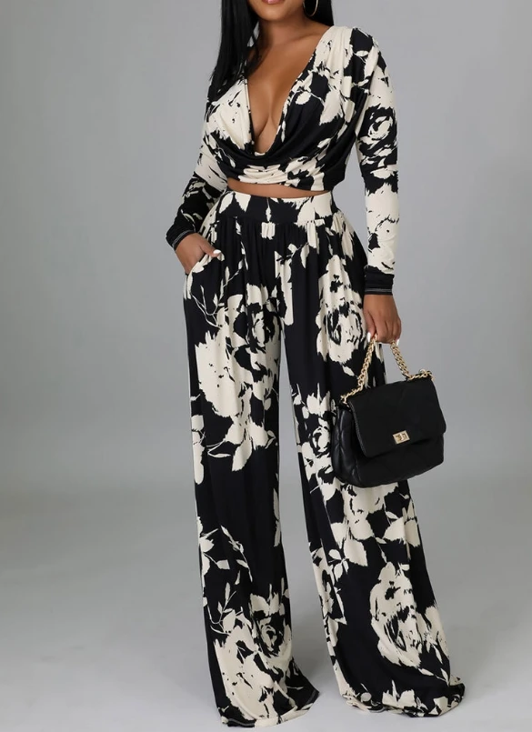 Two Piece Set Women Outfit 2024 Spring Fashion Print V-Neck Long Sleeved Crop Top & High Waist Pocket Design Wide Leg Pants Set