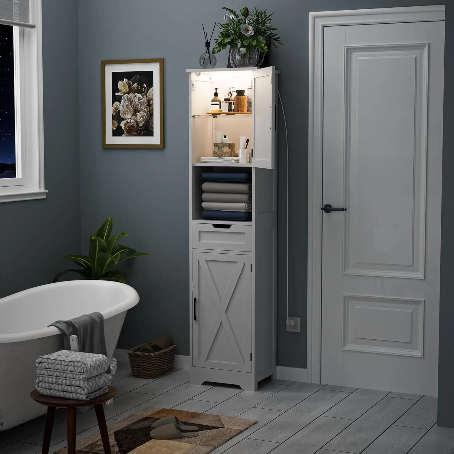 

Тумба для ванной комнаты высотой 67 дюймов с подсветкой, узкий тонкий шкаф для ванной шириной 16 дюймов, отдельно стоящий, с дверцами, на заказ