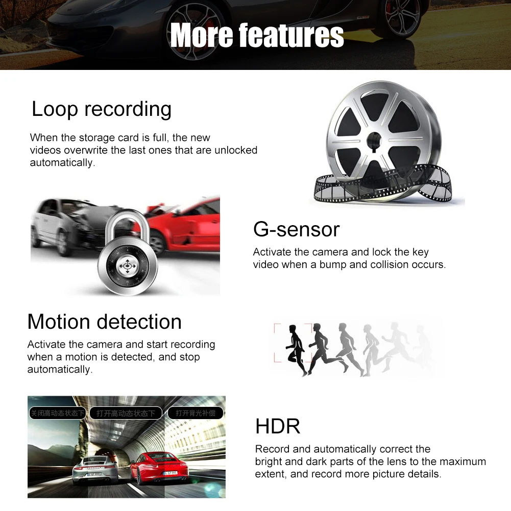 4 Inch Touch Screen Car DVR 1080P Dash Cam 3 Channel Front Inside Rear Camera Recorder Night Vision Loop Recording G-Sensor