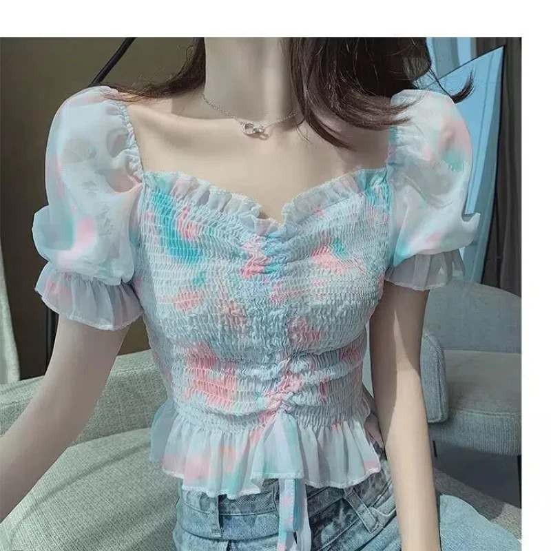 

Summer Drawstring Chiffon Multiple Colour High Crop Tops New Temperament Ruffled Puff Sleeve Off Shoulder Blouses Women Clothing