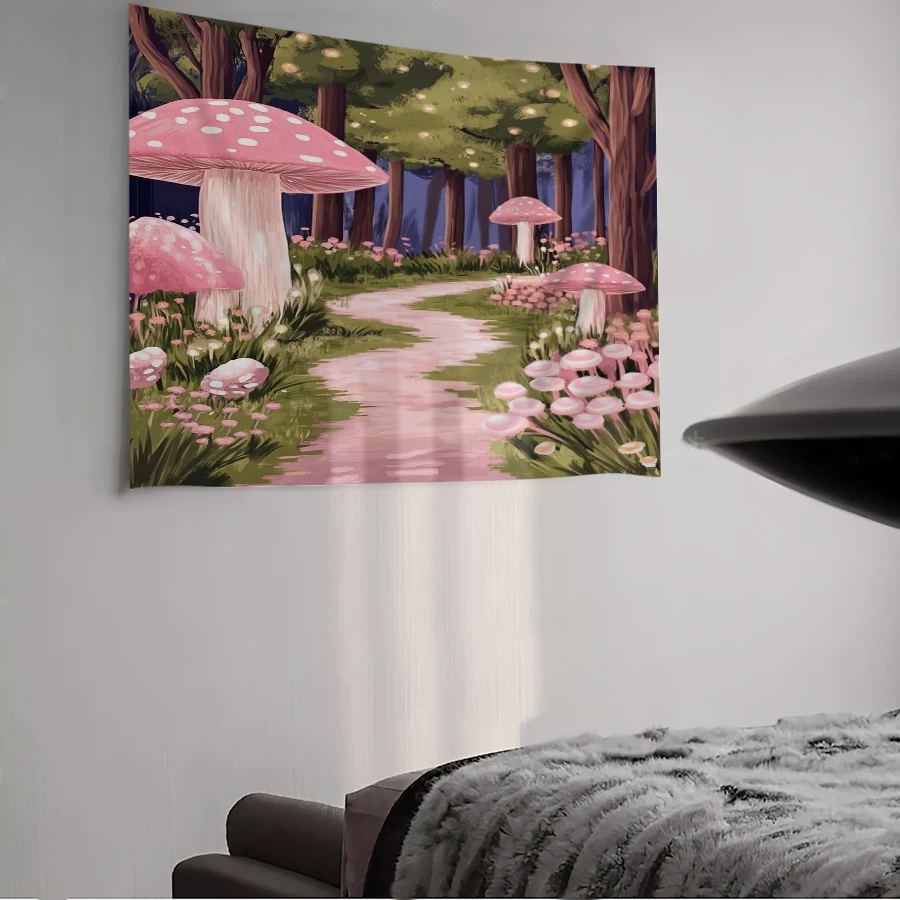 1PC Digital Printed Tapestry Wall Hanging, Pink Mushroom Forest Path Trail, Fairy Tale Cute Whimsical Wall Decor
