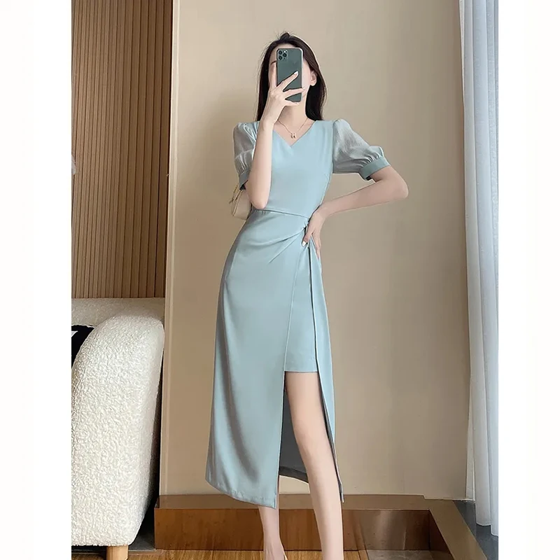 

Dress summer HIGH sense chic COLLECT WAIST TEMPERAMENT FOREIGN gas short sleeve show thin slim open fork dress