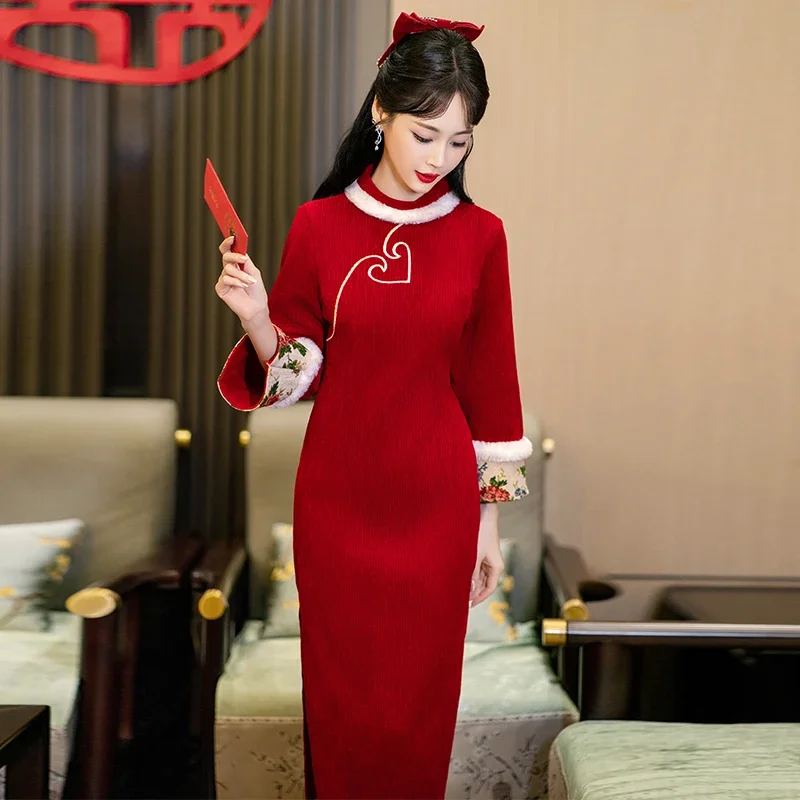 Abito da sposa autunno e inverno Abito rosso cheongsam migliorato Abito da sposa tradizionale cinese 3XL 4XL