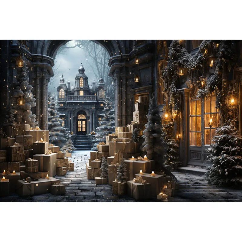 クリスマスコーナーの背景、森の中の古い城、多くのクリスマスギフトボックス、子供の肖像画の背景、写真スタジオ、冬