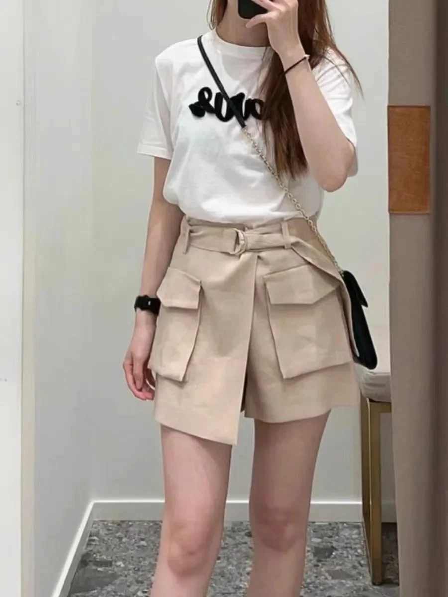 Women Asymmetric Shorts Pockets Lace-up High Waist Safari Style Female Solid Color Shorts