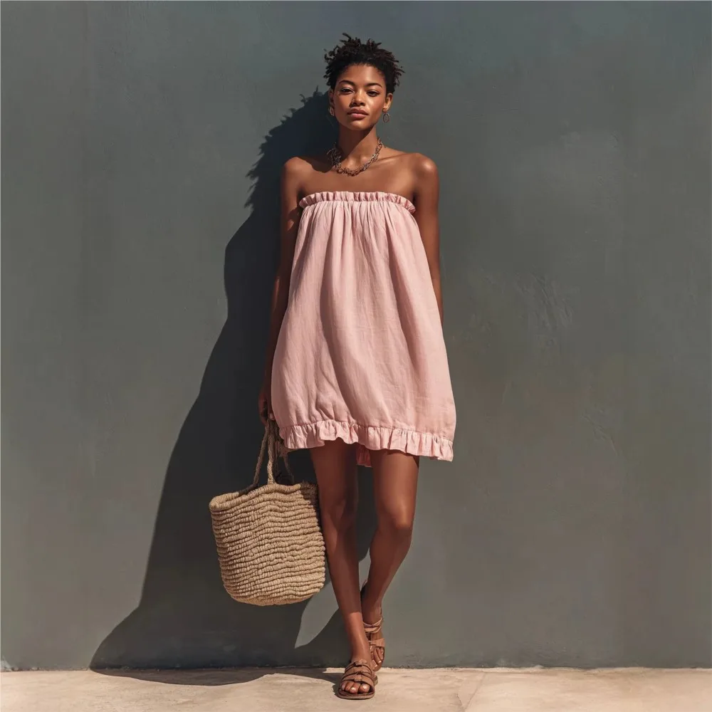 Summer Women Linen Mini Dress Ruffle Strapless Tube Top Dress Off Shoulder Loose Shift Sundress Casual Sleeveless Short Dress