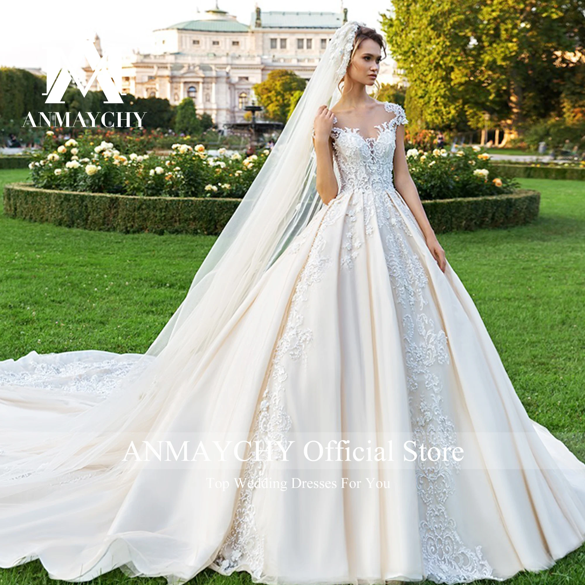 

ANMAYCHY Luxury Ball Gown Wedding Dresses For Women 2023 Sweetheart Beading Appliques Button Lace Wedding Gown Vestidos De Novia