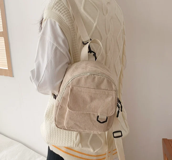 Corduroy Mini Backpack Multiple Pockets School Bag Classic Solid Color Shoulder Bag S/M/L Soft Unisex Female Commuter Travel Bag