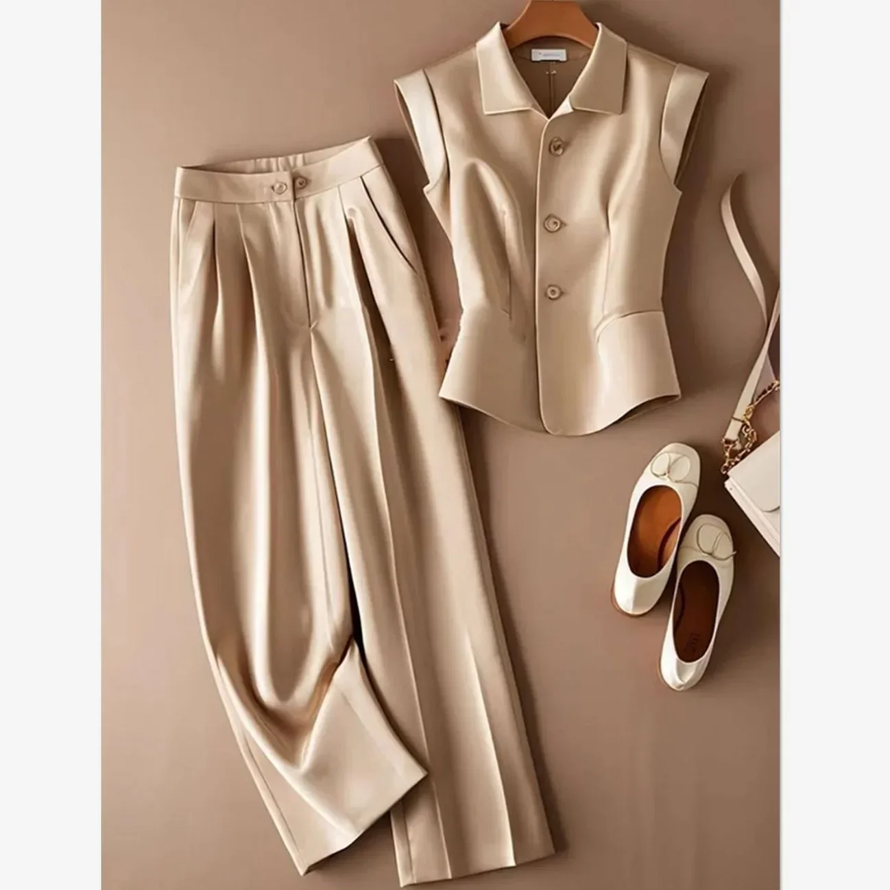 Set pakaian untuk wanita kantor elegan baru atasan ramping tanpa lengan Lapel tanpa lengan + celana kaki lebar dua potong untuk wanita kantor
