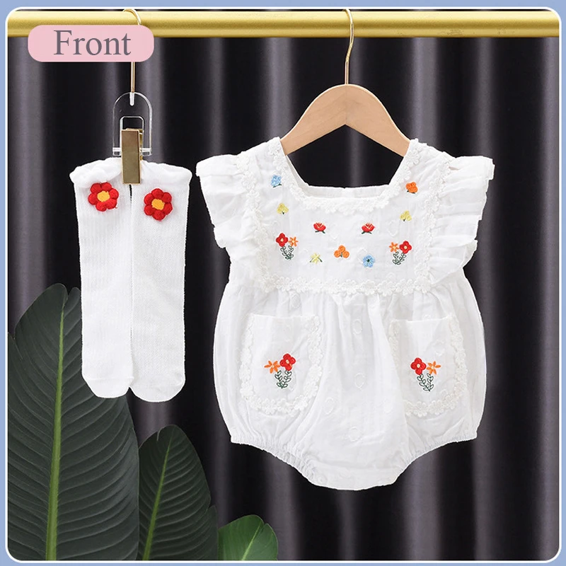 Summer Baby Girl Jumpsuit Socks Embroidery Cotton Princess Kids Romper Girls Clothes Flower Toddler Outfit Suit Infant Onesie