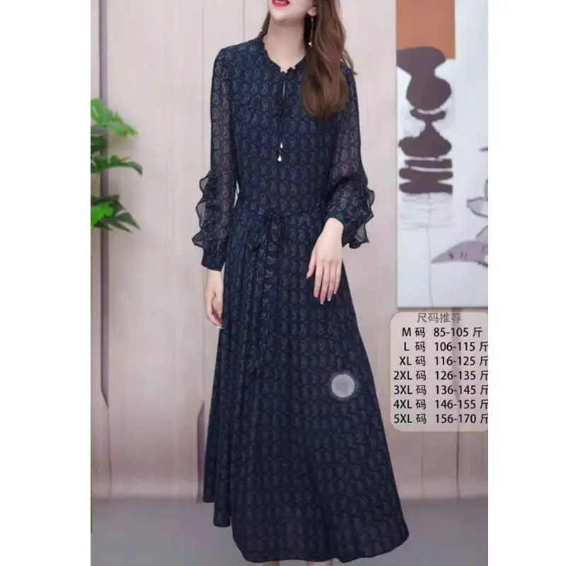 Floral Dress for Women Iearly Autumn Style V-neck Long Sleeved Lace Up Pearl Yarn Exuding a Slimming and Elongated A-line Skirt