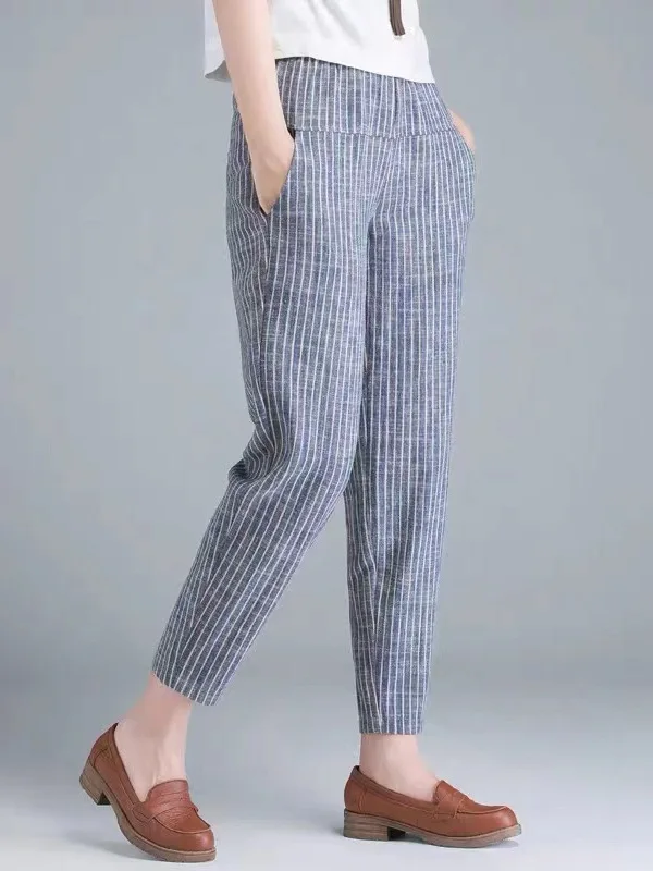 

Женские повседневные брюки-харланы Slim Fit из хлопка и льна в полоску, с высокой талией, в корейском стиле, для офиса и повседневной носки