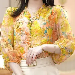 Blusa feminina com decote em v elegante, camisa floral vintage, blusa de botão elegante, roupas de primavera e verão, casual manga 3/4, flores quebradas, 2024